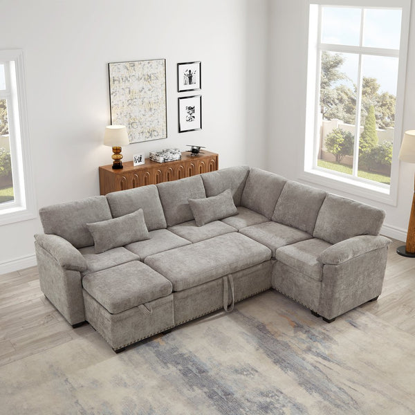 English Elm 97 Inch L-shaped Chenille Sectional Sofa with Sleeper Storage Ottoman 7 Seats Grey W1669S00018