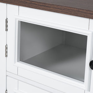 English Elm K&K 54.9" Farmhouse Kitchen Island Cart with Drop Leaf, Charging Station, Barn Doors & Glass Pane White N707P300277W