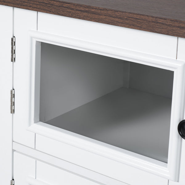 English Elm K&K 54.9" Farmhouse Kitchen Island Cart with Drop Leaf, Charging Station, Barn Doors & Glass Pane White N707P300277W