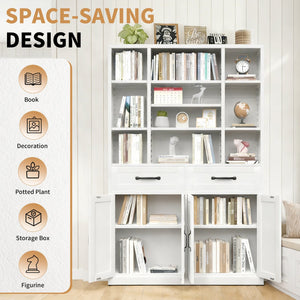 English Elm 71" Tall Metal Bookcase with Open Shelves Drawers and Cabinet Doors for Modern Office T2398S00001