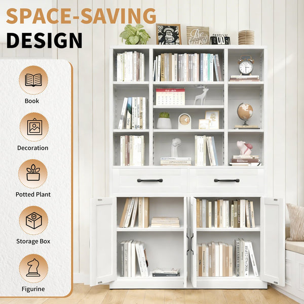 English Elm 71" Tall Metal Bookcase with Open Shelves Drawers and Cabinet Doors for Modern Office T2398S00001