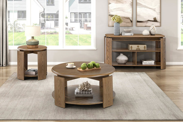 English Elm Brown Round Swivel Top Coffee Table with Oak Veneer, Open Shelf & Casters for Stylish Living Brown 54 L x 20 W x 13 H B011P351966