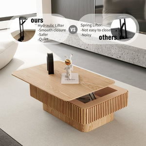 English Elm 38.6'' Fluted Lift-top Coffee Table with Hidden Storage Adjustable Modern Matte Surface Natural Wood W1435P293218