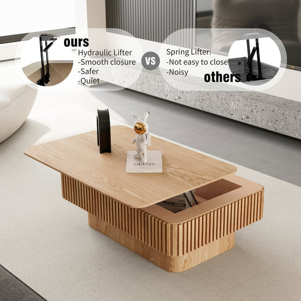 English Elm 38.6'' Fluted Lift-top Coffee Table with Hidden Storage Adjustable Modern Matte Surface Natural Wood W1435P293218