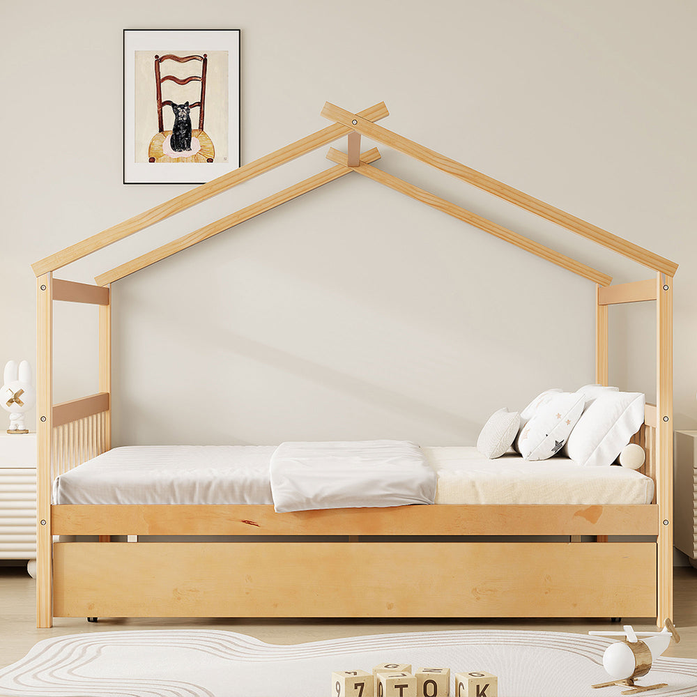 English Elm Full Size House Bed Solid Pinewood Frame with Pull Out Twin Trundle for Kids Natural LP000305AAM-1