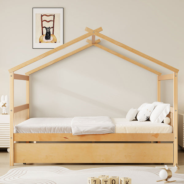 English Elm Full Size House Bed Solid Pinewood Frame with Pull Out Twin Trundle for Kids Natural LP000305AAM-1