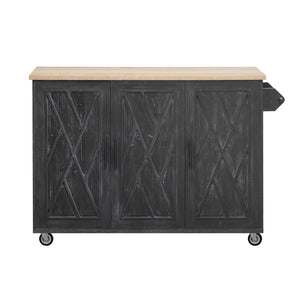English Elm K&K Farmhouse Kitchen Island with Geometric Twill Doors, ASH Bark Top, Drop Leaf & Lockable Wheels Black N707P221444B