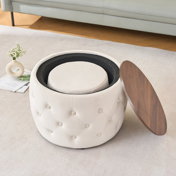 English Elm Ball Cast Round Nesting Ottoman Set Linen Upholstered Hidden Storage with Wooden Tray Beige W3163P379358