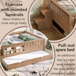 English Elm Twin Kids Platform Bed with Trundle Staircase Bookshelf and Rounded Safety Rails Natural W1580S00561