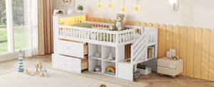 English Elm Twin Loft Bed with Built-In Stairs, Shelves, Hanging Rod & 2 Drawers for Space-Saving Kids Room White 45.87 L x 18.5 W x 10.83 H W2593S00004