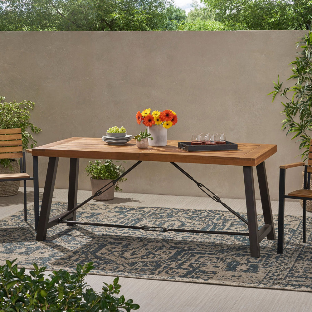 English Elm Outdoor Acacia Wood Slatted Dining Table Seats Six with Iron Base for Patio 57239.00