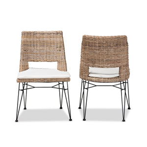 English Elm Modern Woven Rattan Armchair Set of Two Bohemian Dining Chairs with Openwork Frame B2750P470066