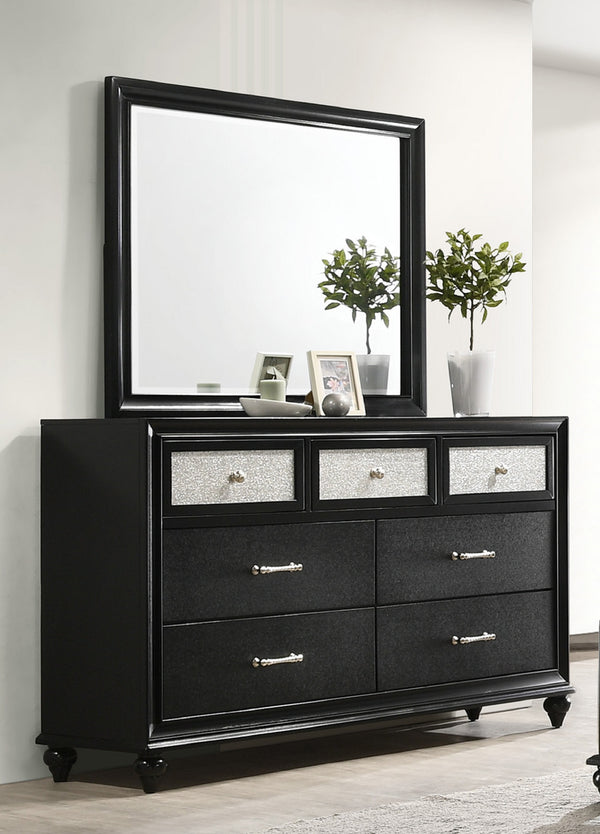 English Elm 1pc Glam Five Drawer Tall Bedroom Chest with Shimmer Accent Top Drawer, Bar Handles, Solid Wood Appeal Black 66.57 L x 19.33 W x 36.54 H B011P234294