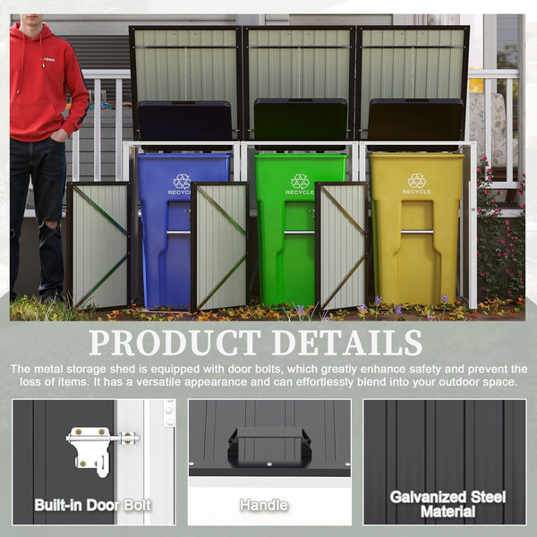 English Elm Garbage Bin Shed Galvanized Steel Enclosure Fits Three Cans with Lockable Waterproof Lid Dark Gray W1598P357716