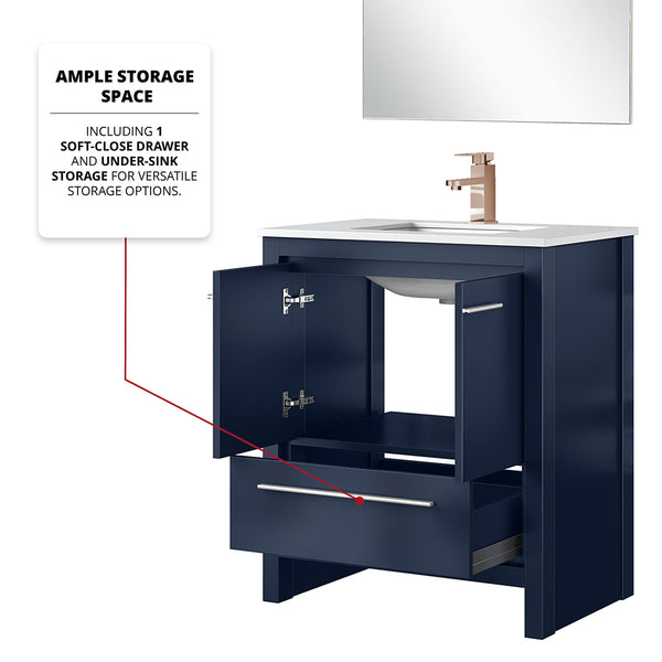 English Elm Navy Blue Bath Vanity Set With White Quartz Top, Rose Gold Faucet & Matching 28" Mirror For Style B2731S02046