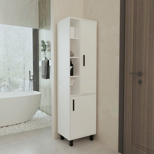 English Elm White Linen Cabinet with Chic Open Display, Dual Concealed Doors & Metal Legs for Modern Storage B062P323178
