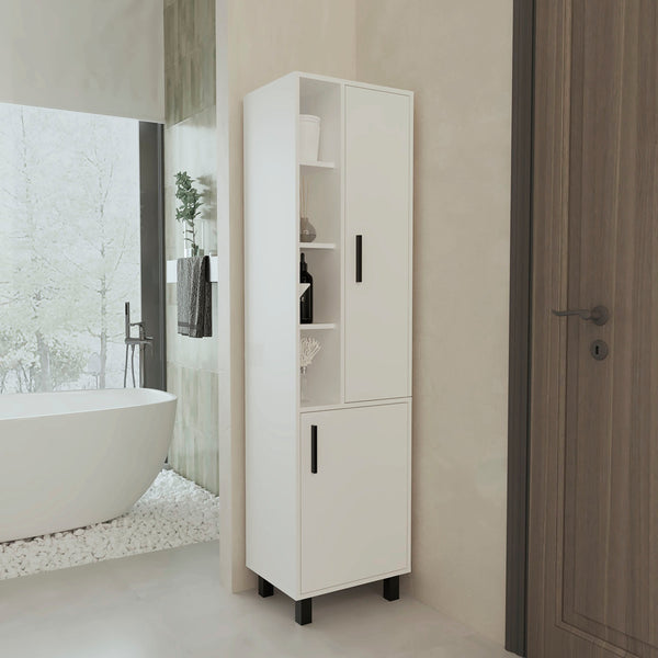 English Elm White Linen Cabinet with Chic Open Display, Dual Concealed Doors & Metal Legs for Modern Storage B062P323178