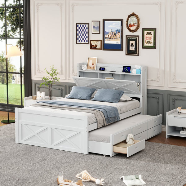 English Elm Full Full Size Wooden Bed with Storage Headboard, Built-In Outlets, Trundle & 3 Drawers for Space-Saving Bedrooms White 80.51 L x 17.12 W x 4.57 H N733S172712K