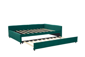 English Elm Upholstered Velvet Daybed with Pull Out Trundle Diamond Tufted Guest Bedroom Sofa Emerald W1361S00065