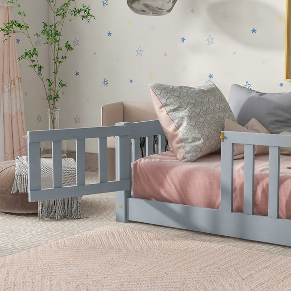 English Elm Twin Solid Rubberwood Floor Bed with Full Perimeter Safety Rails for Toddler Rooms Grey W504P296776