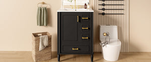 English Elm 24" Olive Bathroom Vanity Solid Wood Frame Ceramic Sink Gold Hardware Soft Close Black N729P373272B