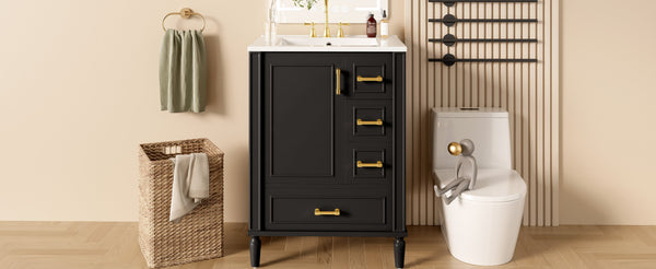 English Elm 24" Olive Bathroom Vanity Solid Wood Frame Ceramic Sink Gold Hardware Soft Close Black N729P373272B