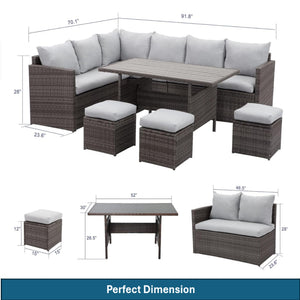 English Elm 7 Piece Outdoor Wicker Dining Set Modular Sectional Sofa Ottomans and Patio Table Grey+Brown B082S00077