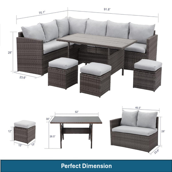 English Elm 7 Piece Outdoor Wicker Dining Set Modular Sectional Sofa Ottomans and Patio Table Grey+Brown B082S00077