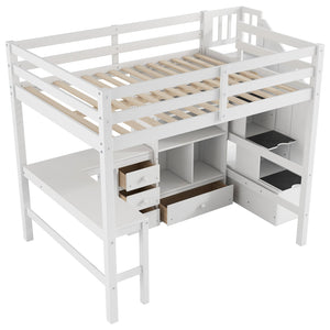English Elm Full Full Size Loft Bed with L-Shaped Desk, Drawers, Cabinet and Staircase Storage for Space-Saving Rooms White GX000469AAK
