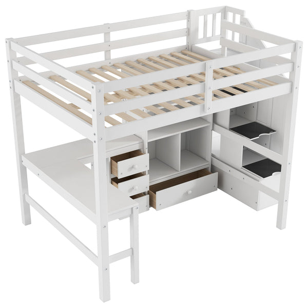 English Elm Full Full Size Loft Bed with L-Shaped Desk, Drawers, Cabinet and Staircase Storage for Space-Saving Rooms White GX000469AAK