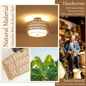 English Elm 3-Light Boho Rattan Semi-Flush Ceiling Lamp, Handwoven Drum Shade, Dimmable E26 Trio for Bedroom Dining Hallway W2738P185423