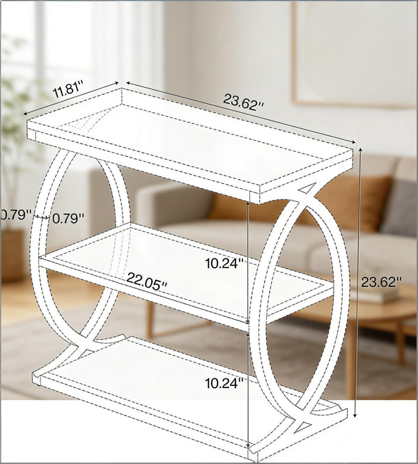 English Elm Bedside Three Tier Industrial End Table with Wood Grain Shelves and Black Metal Frame T3971P470461