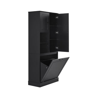 English Elm Tall Storage Cabinet with Flip-Out Basket, Adjustable Shelves & Aluminum Handles for Organized Living Black N725P322739B