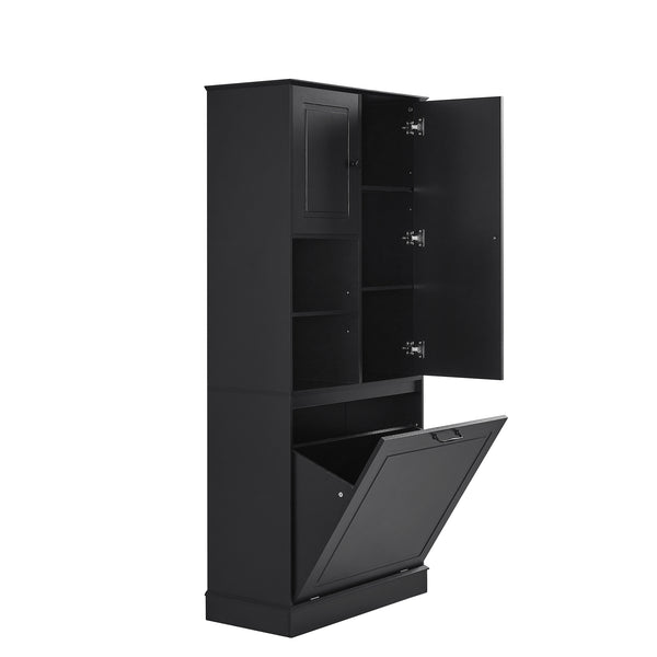 English Elm Tall Storage Cabinet with Flip-Out Basket, Adjustable Shelves & Aluminum Handles for Organized Living Black N725P322739B