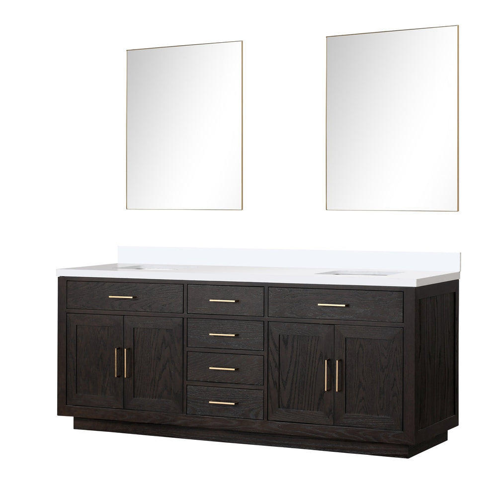 English Elm Black Oak Double Bath Vanity Set - 84" W X 22" D With White Quartz Top & 36" Frameless Mirrors B2731S02147