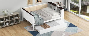 English Elm Twin Pine Wood Daybed with Trundle Upholstered Backrest Storage Shelf and Usb Port N7090002233K