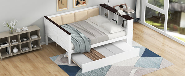 English Elm Twin Pine Wood Daybed with Trundle Upholstered Backrest Storage Shelf and Usb Port N7090002233K