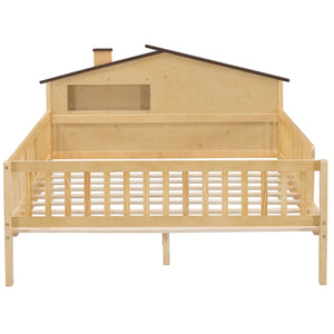 English Elm Full Full Size Wood Platform Bed with House Headboard, LED Lights & Built-In Storage, Natural Finish N709P184430M