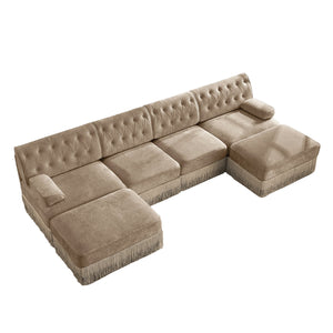 English Elm 4-seater Modular Sectional with Ottomans Tufted Fleece Sofa Tassel Skirt Retro Luxe Camel W714S01701