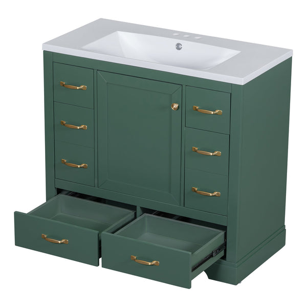 English Elm 36" Modern Bathroom Vanity with Ceramic Sink, Six Drawers, Adjustable Shelf, Solid Wood Build Green SY999808AAF-6