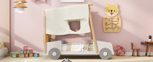 English Elm Wood Twin Car Bed with Pillow, Ceiling Canopy & LED Night Lights, Solid Pine Frame, Fun Kids Ride Bed - Twin Size, Natural Finish WF309288AAM