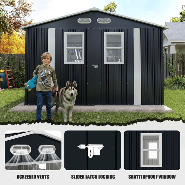 English Elm Outdoor Metal Storage Shed 8x8 Ft with Four Windows and Lockable Double Doors Dark Gray W1598S00041