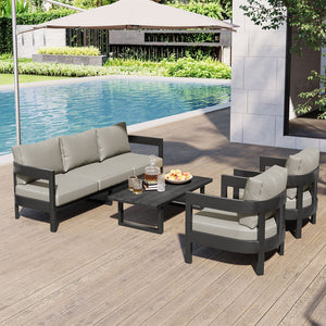 English Elm U_style Iron Frame Outdoor Seating Set with Plush Cushions and Faux Wood Accent Table N711P255070A