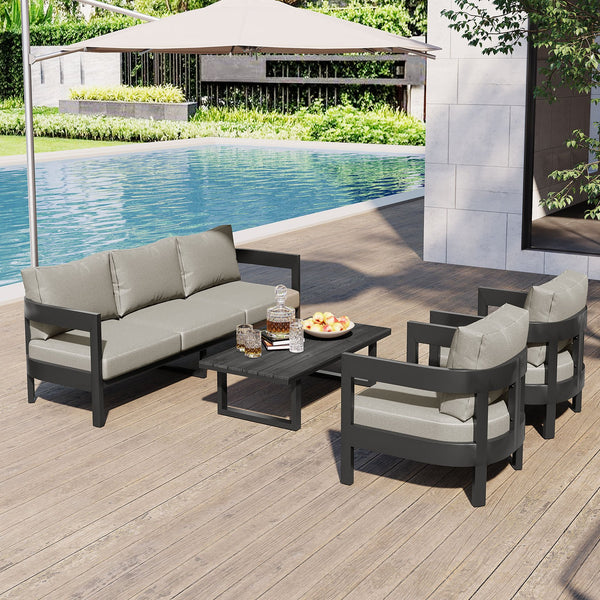 English Elm U_style Iron Frame Outdoor Seating Set with Plush Cushions and Faux Wood Accent Table N711P255067A