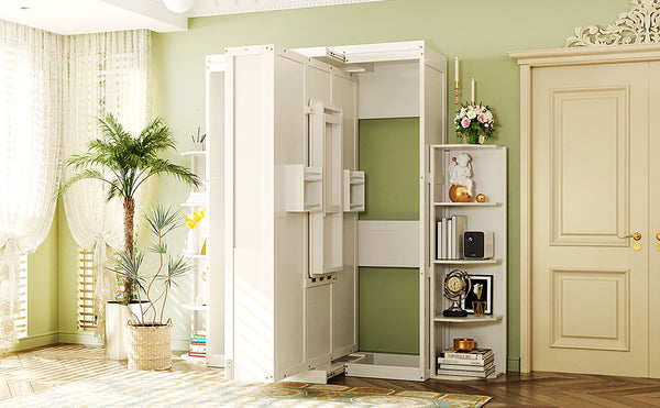 English Elm Rotating Murphy Wall Bed with Convertible Desk Dual Side Shelves Full Size Mdf Cabinet White LP000961AAK