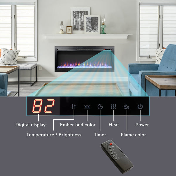 English Elm 44 Inch Recessed Electric Fireplace with Led Flame Heater and Remote for Living Rooms W1769P171421