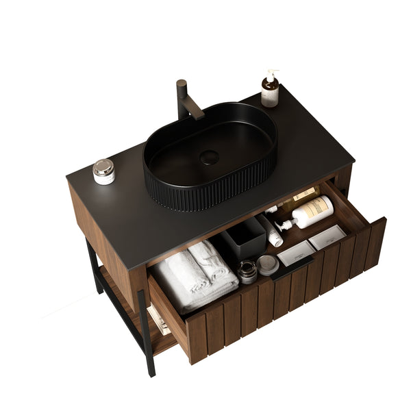 English Elm ZENO Black Ceramic Basin Vanity with Sintered Stone Top, Soft-Close Drawer, Open Shelf, 39.4" W2615S00067