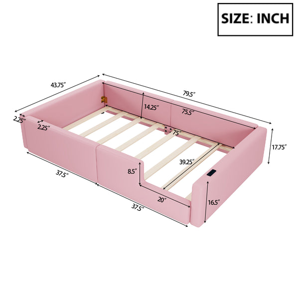 English Elm Twin Upholstered Platform Bed with Guardrail and Built-In Charging Station, Modern Sleek Design for Small Spaces Pink N709P186347H
