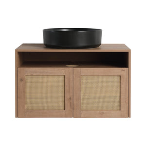 English Elm 30" Modern Wall-Mounted Bathroom Vanity With Black Ceramic Sink, Soft-Close Doors, Oak Finish W999S00398