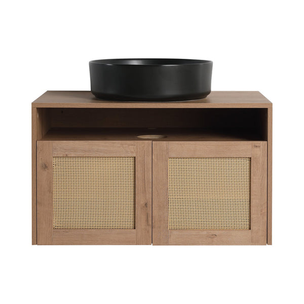 English Elm 30" Modern Wall-Mounted Bathroom Vanity With Black Ceramic Sink, Soft-Close Doors, Oak Finish W999S00398